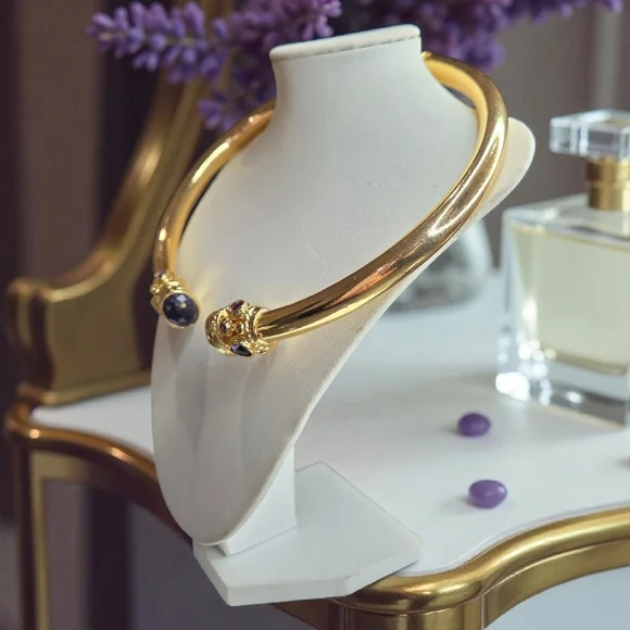 18k Gold Plated Luxury Genuine Amethyst Crystal Torque Statement Necklace - Picture 3 of 5